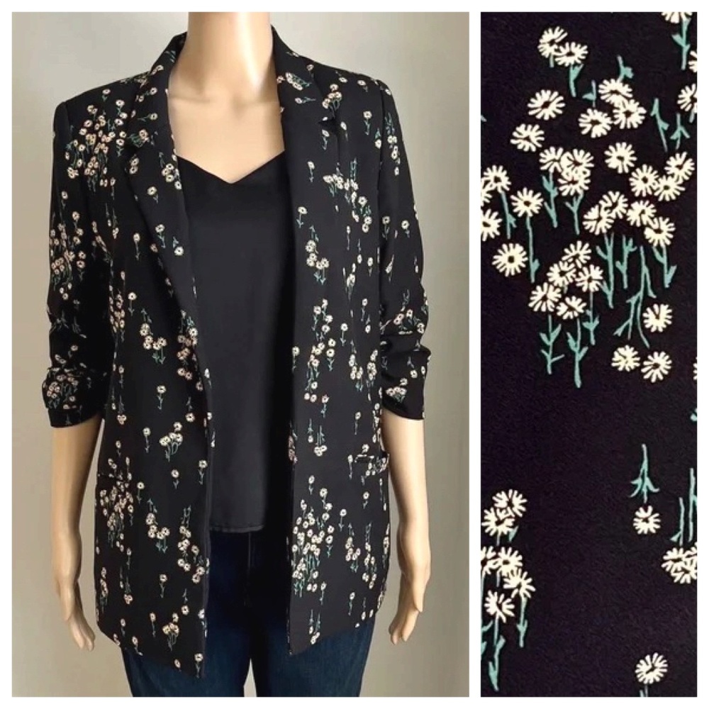 SOAKED IN LUXURY Shirley Blazer Floral Print 3/4 Sleeves Black Beige Green Sz S